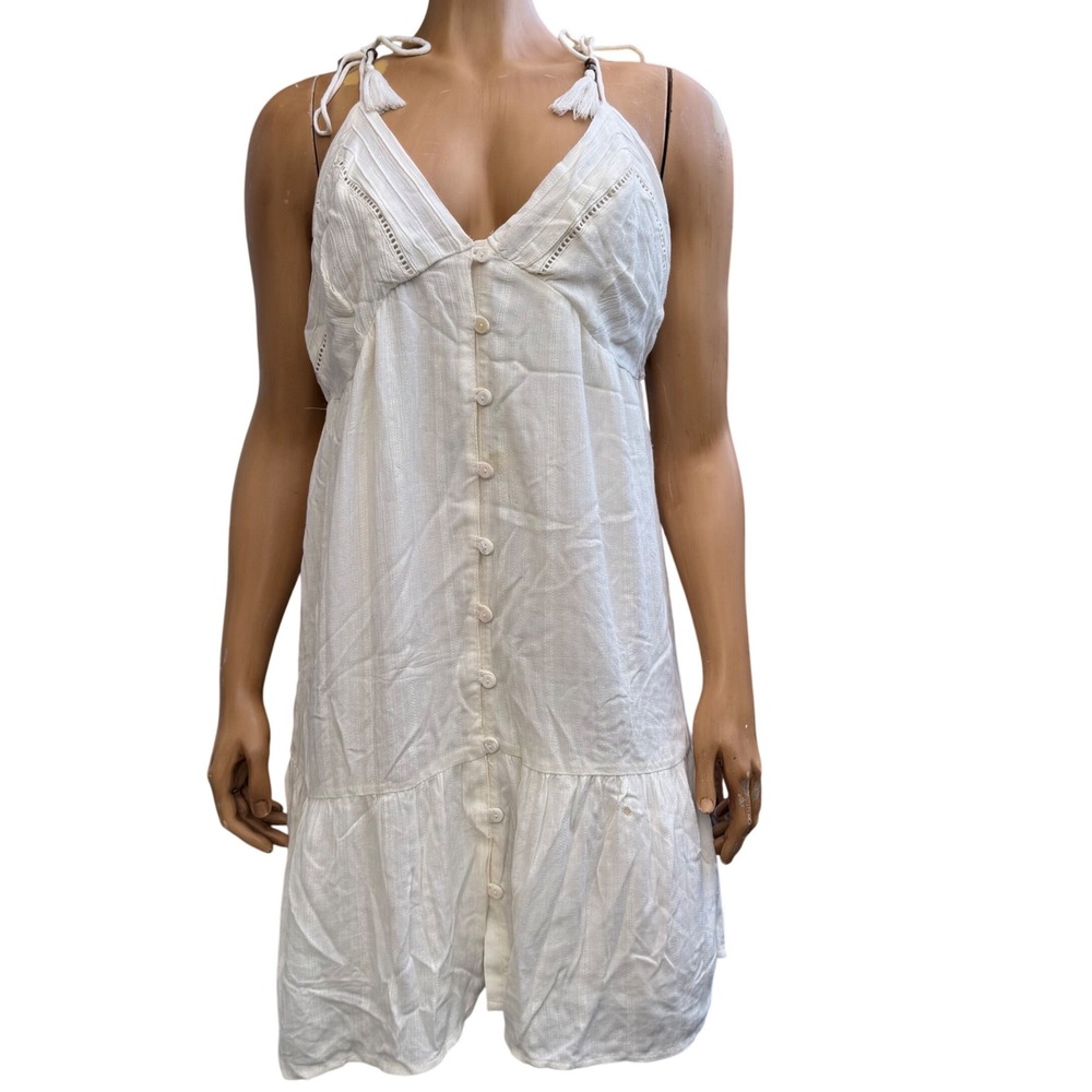 Rip Curl White Mini Dress Boho Beach Tassel Halter Coastal Summer Festival M